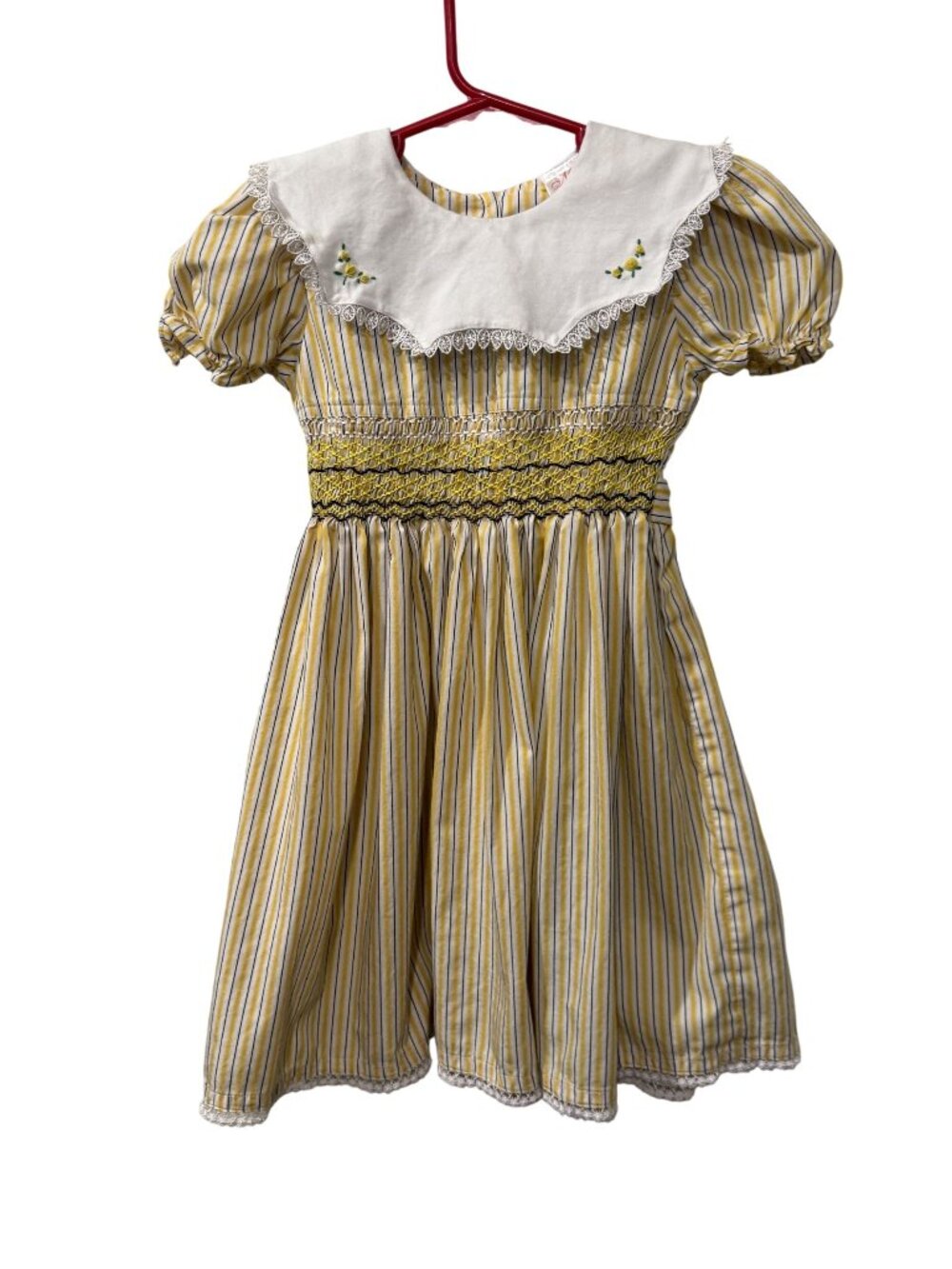 Vintage Yellow Striped Girls Dress With White Lace Collar & Embroidery Size 4